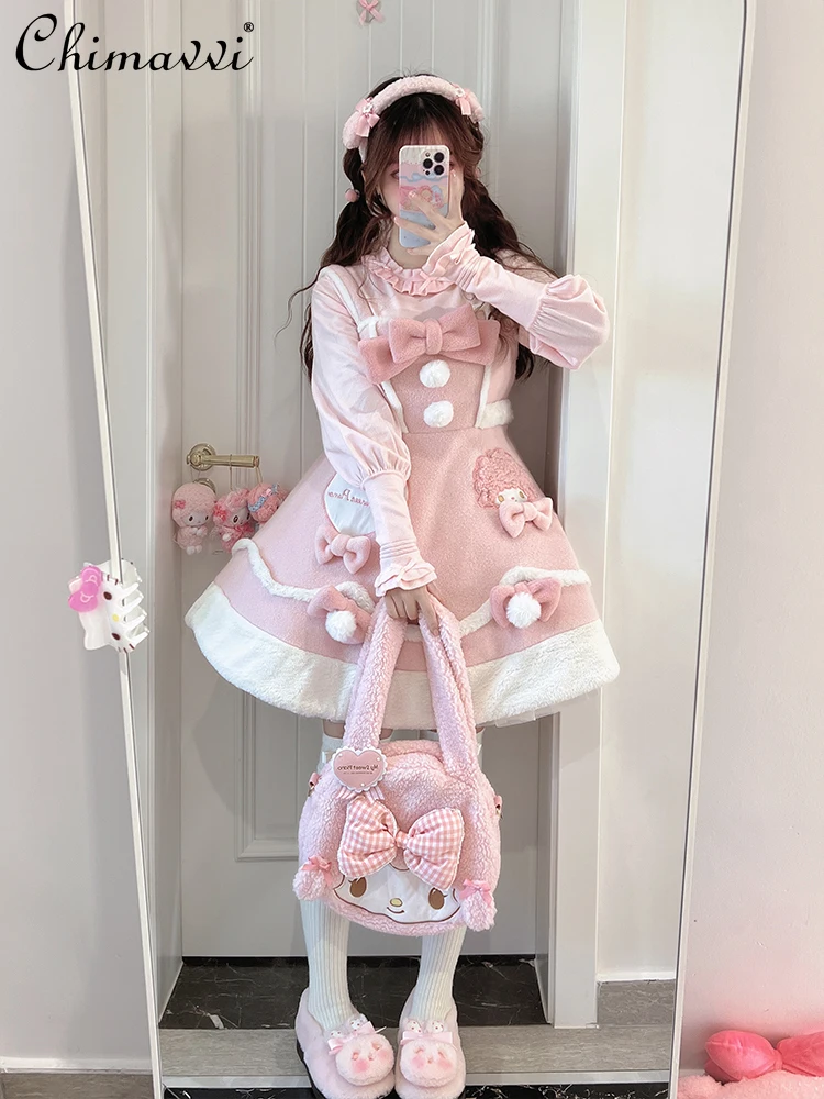 Japanese Sanrio Big Ear Dog Woolen JSK Dress Autumn and Winter New Lolita Sweet Cute Bow Oversized Above Knee Girl Kawaii Dress