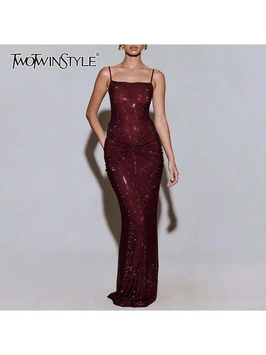 

TWOTWINSTYLE Slimming Spliced Hot Fix Sexy Dresses for Women Square Neck Sleeveless Backless Patchwork Shirring Dress Female New