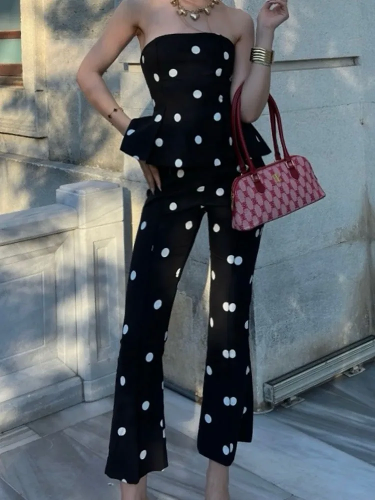 

HH Women Summer Elegant Polka Dot Strapless Peplum Jumpsuit High Waist Flare Leg One Piece For Casual Street Daily Outing Wear