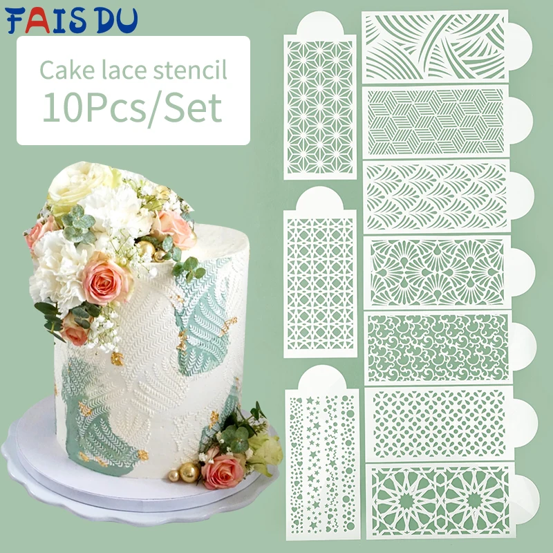 

FAIS DU 10pcs New Fondant Cake Stencils Mesh Embossing for Baking Decorating Tool Spray Mold Cookies Plastic Templates Moulds