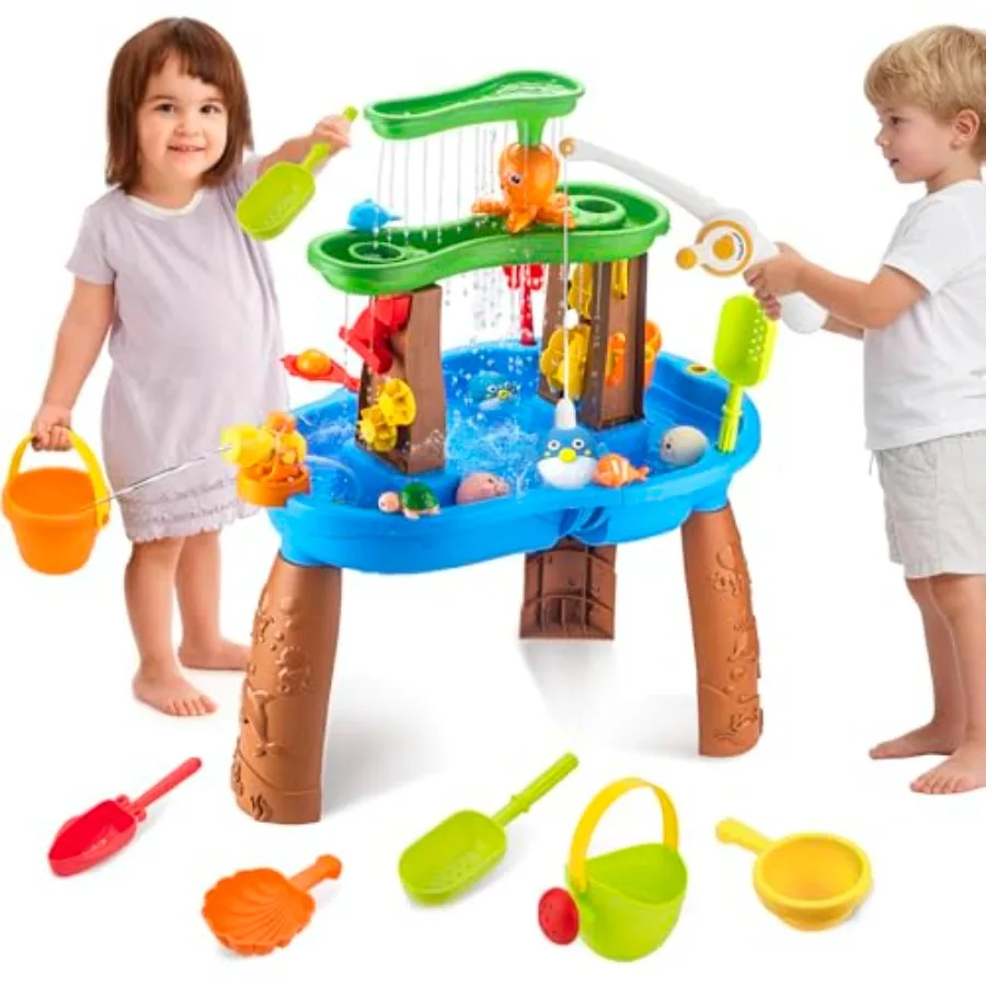 

Outdoor water table for toddlers 3-5, plastic, blue, 3-tier with fishing game set for sensory play and summer beach activities