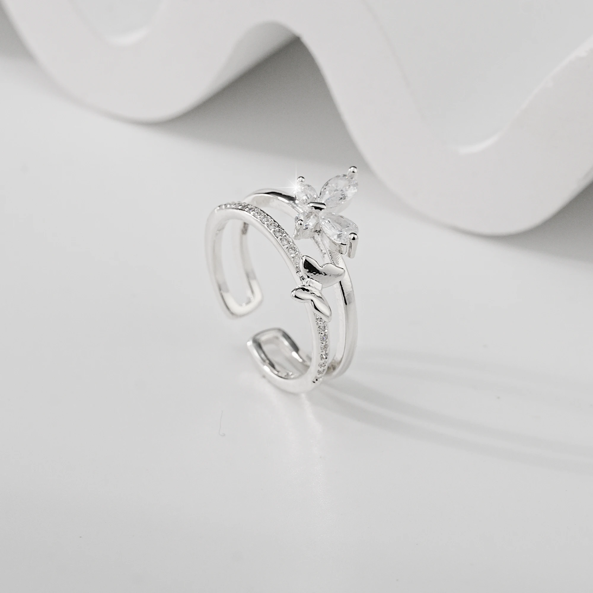 Anillo Abierto de Doble Capa con Mariposa en Plata de Ley SS925 para Mujer, con Circonitas Brillantes, Ajustable, Apilable, Joyería Fina, Regalo