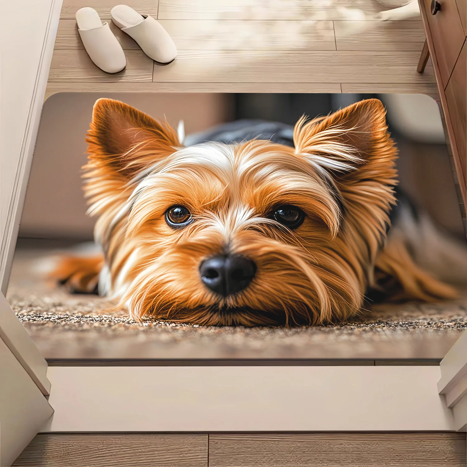 2D Flat Yorkshire Terrier Puppy Face Close Up Realistic Flannel Door Mat Non Slip Cute Dog Rug For Entryway Bedroom Floor Decor