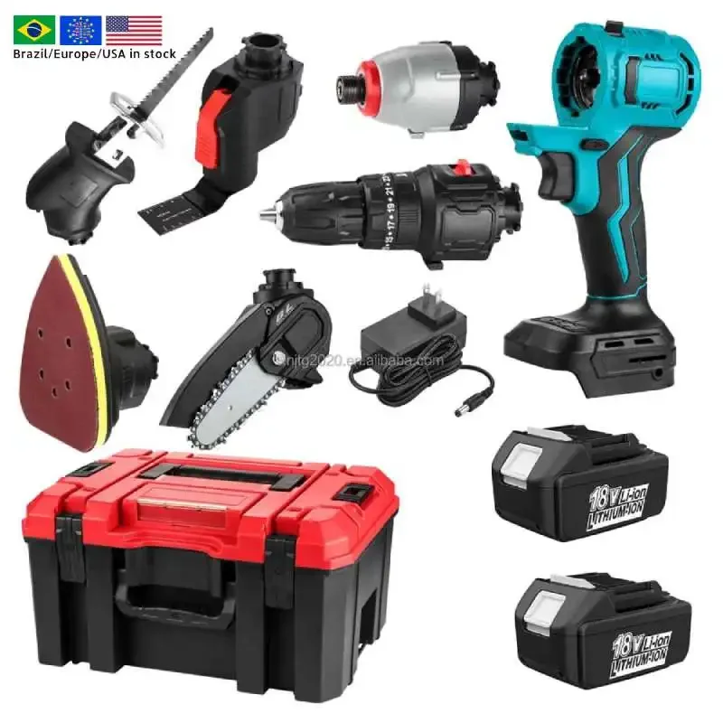 USA/EU/BR stock 6 In 1 Cordless Impact Drill Sander Reciprocating Saw 4 Inch Chainsaw Impact Driver Power Tool Sets For Garden