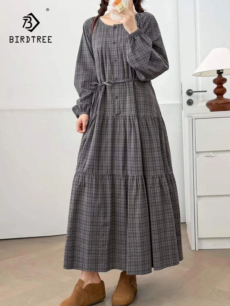 

Новые осенние хлопковые льняные платья с длинными рукавами 2025, женское клетчатое платье с круглым вырезом на шнуровке, свободное платье в стиле ретро Mori Girl в японском стиле D59258CC