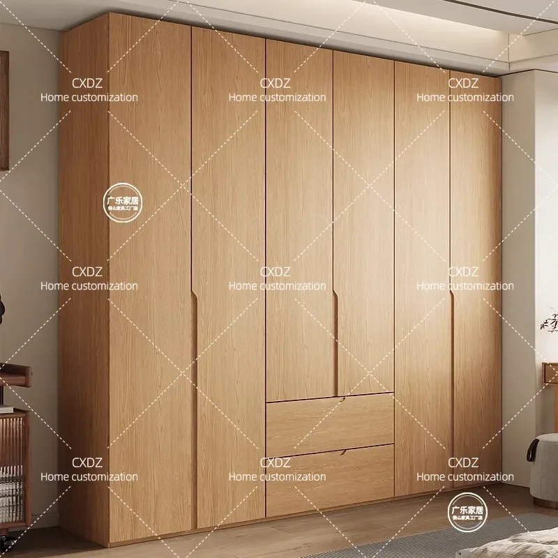 Nordic Log Style Solid Wood Wardrobe 4 or 6 Doors Household Bedroom Storage Cabinet Assembly Finished Free Handle Design
