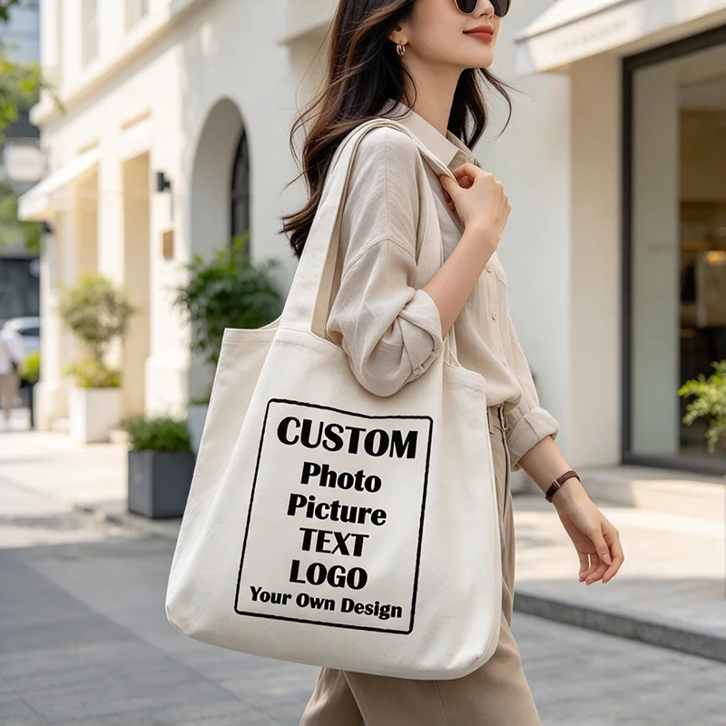 Custom Canvas Tote Bag Personalized Add Photo Text Logo Customized Reusable Shopping Shoulder Bag Gift for Men Women Beggar Bags