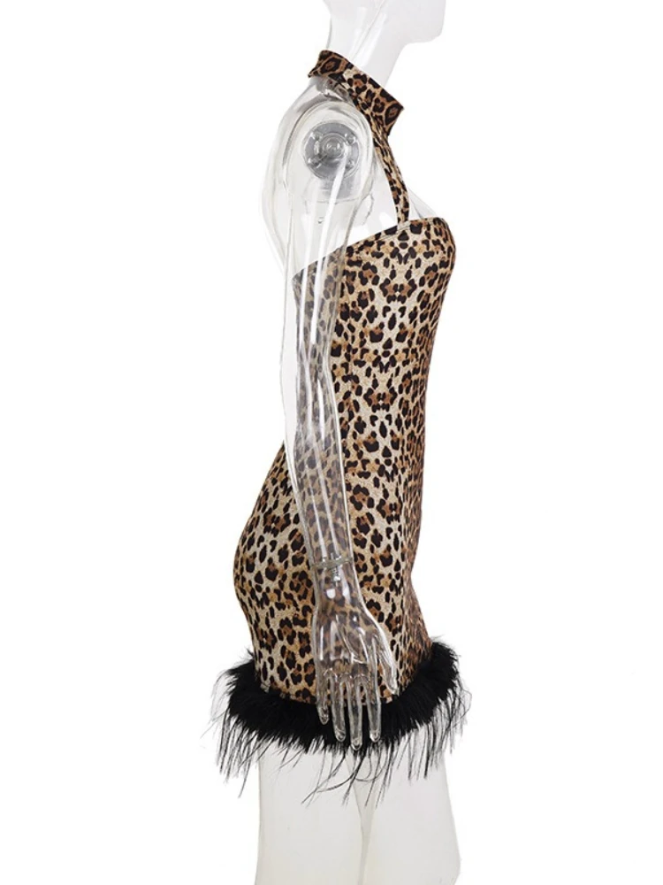 SsTss Sexy Neckholder-Kleid mit Leopardenmuster für Damen, modisch, pelziger Saum, Ausschnitt vorne, ärmellos, rückenfrei, schlank, figurbetont, Club-Minikleid