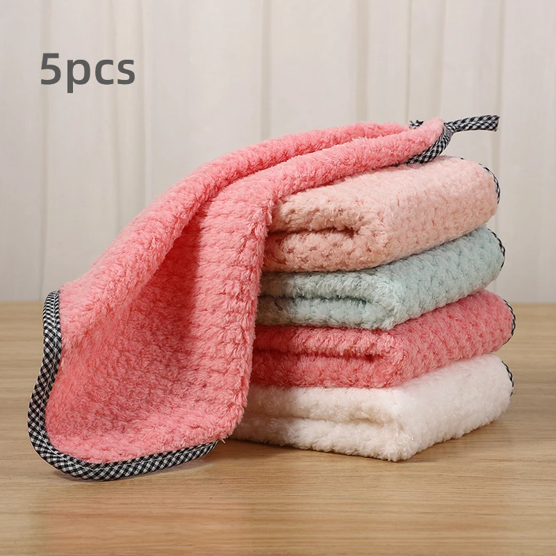 5pcs Soft Reusable Dish Towels, 9.8x9.8in Coral Fleece Cleaning Rags, Household Absorbent Non-shedding Dishwashing Cloth, Double