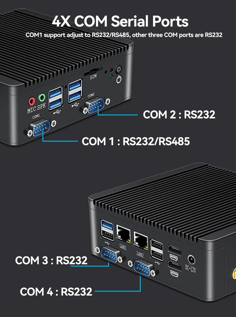 XCY X30G Безвентиляторный IPC Mini PC 4x последовательных портов 2x LAN 2x HDMI 8x USB DDR4 M.2 SSD Mini PCIe SIM-слот GPIO LVDS TPM2.0 Win11 Linux