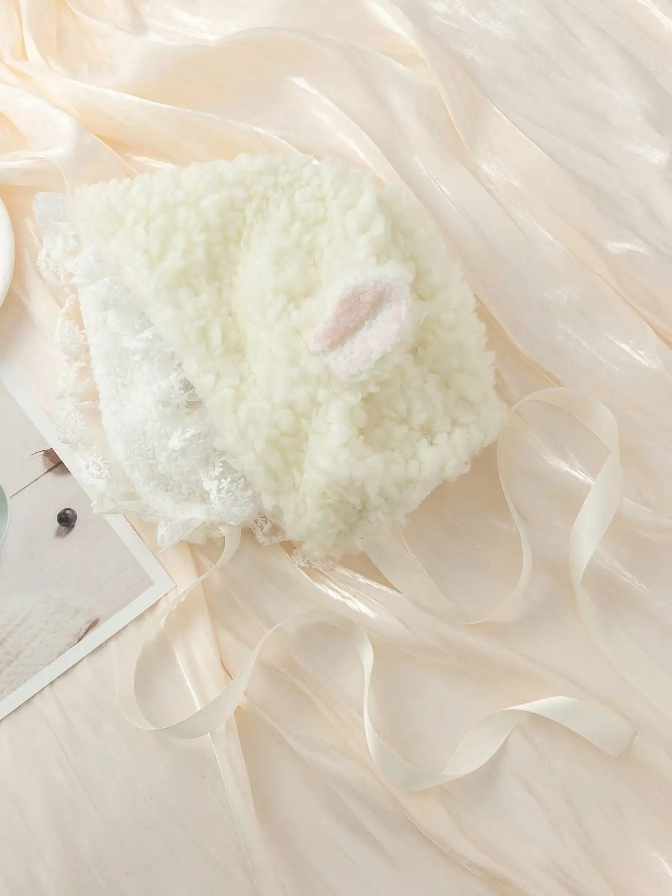 1pc Women's White Lace & Ear Warmer Hat, Cute Cartoon Lamb Design, Soft & Warm, All-Match Halloween Winter Fall Valentine's Day Valentines Sleep Bonnet，sc2302202201353035