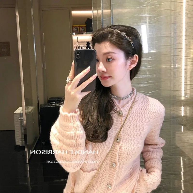 V-neck Solid Color Knitting Cardigan Women Autumn Winter Casual Loose Long Sleeve Sweater Coat Fashion All-match Knitting Tops