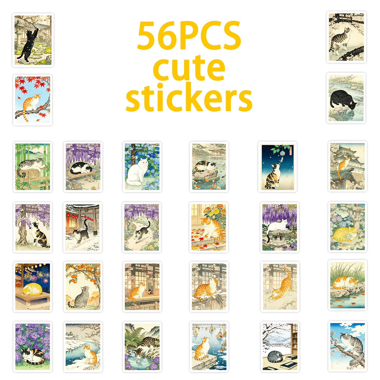 10/30/56PCS Cartoon Japanse Stijl Ukiyo-e Kat Stickers Esthetische Voor DIY Reisbagage Koelkast Laptop Graffiti sticker Decals