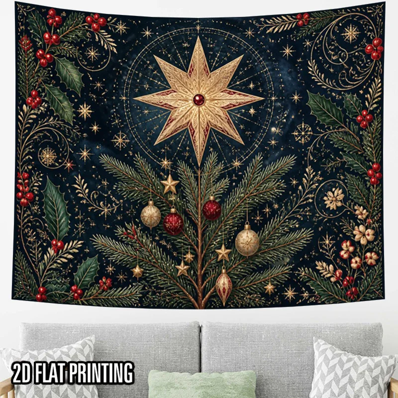 1pc Tapestry, 2D Flat Print Vintage Golden Star Christmas Tree Holly Berries Tapestry, Winter Holiday Decor for Living Room
