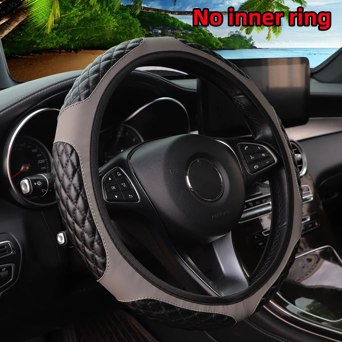6 Semi-Circular PU Sheepskin Embroidered Steering Wheel Cover for 14-15 Inch Car Rimless Interior Accessories
