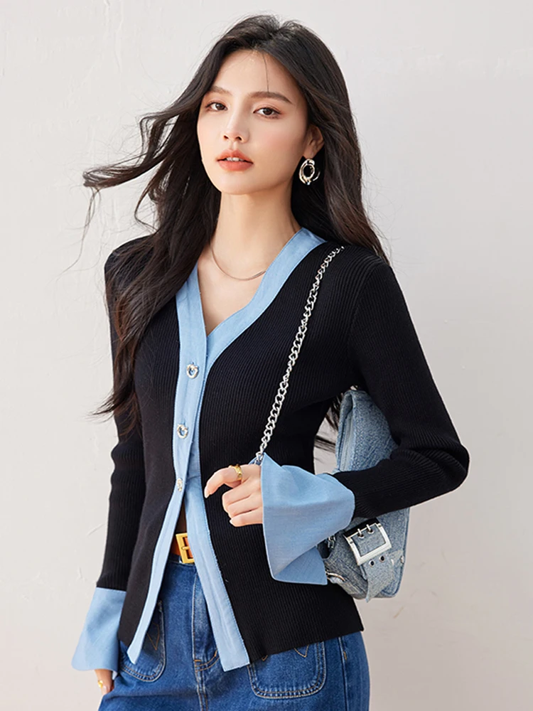High Quality Autumn Elegant Contrast Color Long Sleeve Knitted Cardigan Women Sexy V-Neck Female Slim Sweater Tops 2024 New