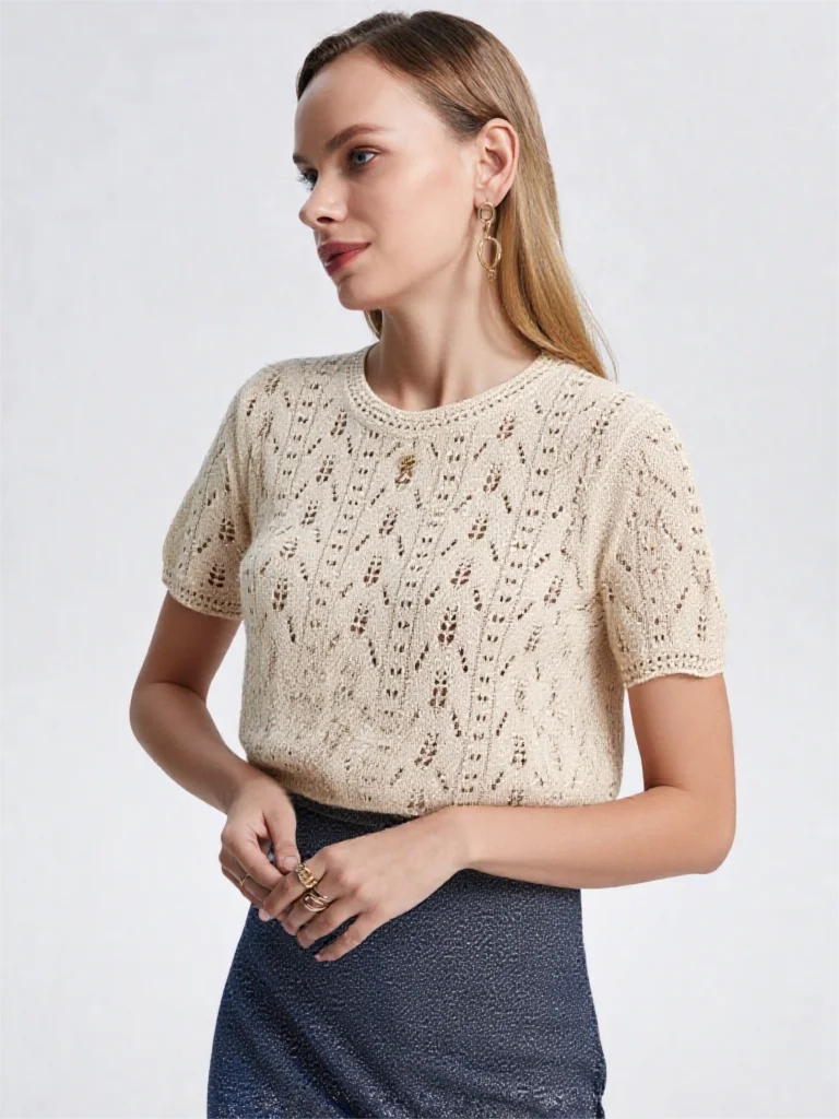 Professional Custom Women's T-Shirt Sequins Clothes Woman Summer Linen Jacquard T Shirt Woman Top