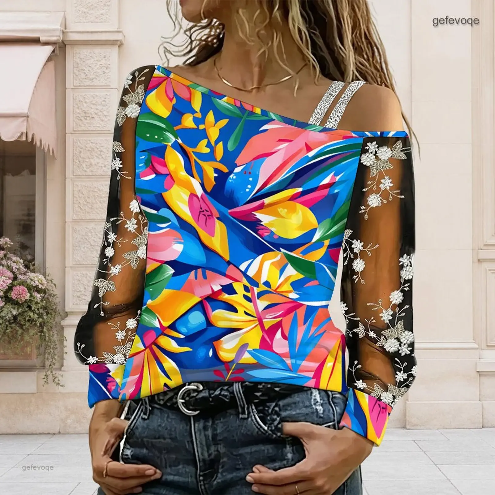 Women Off Shoulder Blouse Asymmetric One Shoulder Top Lace Floral Mesh Long Sleeve Sling Detail Loose Casual T Shirt