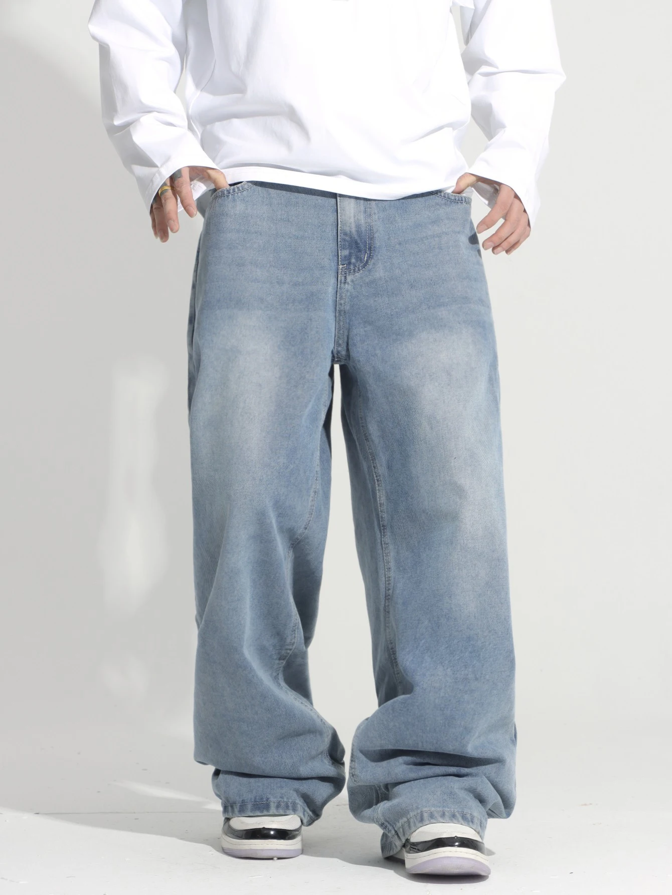 Men's Casual Fashion Washed Blue Straight-Leg Baggy Jeans Men Y2K Trendy Everyday Versatile Pants