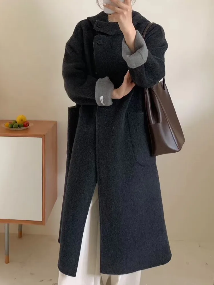 [EWQ] Korean Style Hooded Double-sided Different Color Woolen Coat All-match Loose Women Winter Overcoat 2024 Autumn New 16O2794