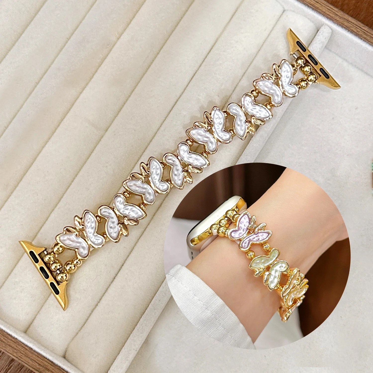 حزام سوار مرن على شكل فراشة لساعة أبل S10 42/46 ملم 38/40/41-45 لسلسلة IWatch Ultra 9 8 7-4 حزام نسائي أنيق