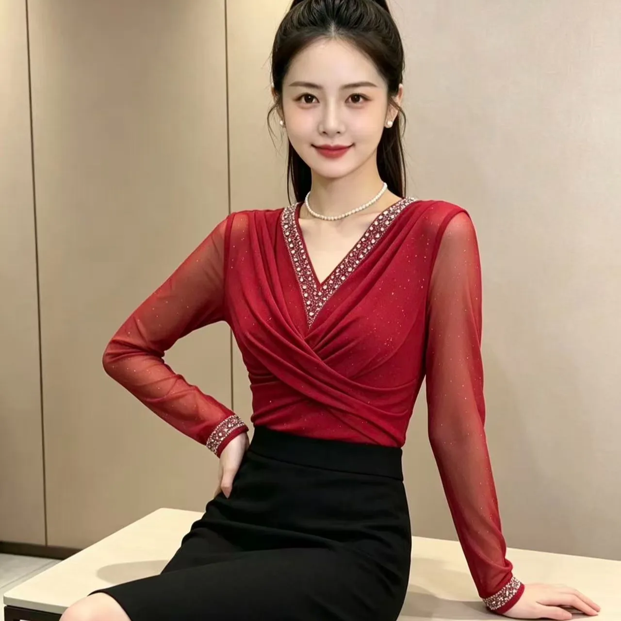 Fall,European,Clothes,T-Shirt,Sexy,O-Neck,Shiny,Diamonds,Patchwork,Ruffles,Color Blocking,Women,Tops,Long Sleeve,Tees,New,690800