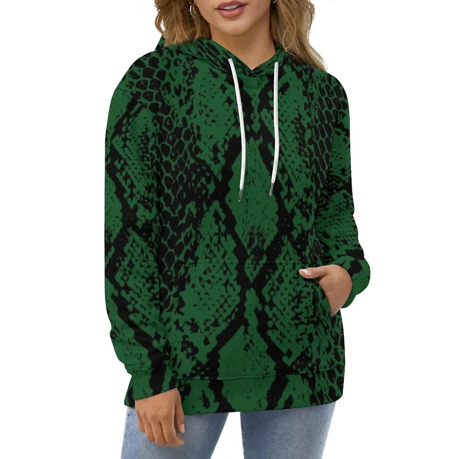 

Green Snakeskin Hoodies Animal Skin Print Street Fashion Oversized Hoodie Woman Long-Sleeve Pattern Casual Hooded Sweatshirts