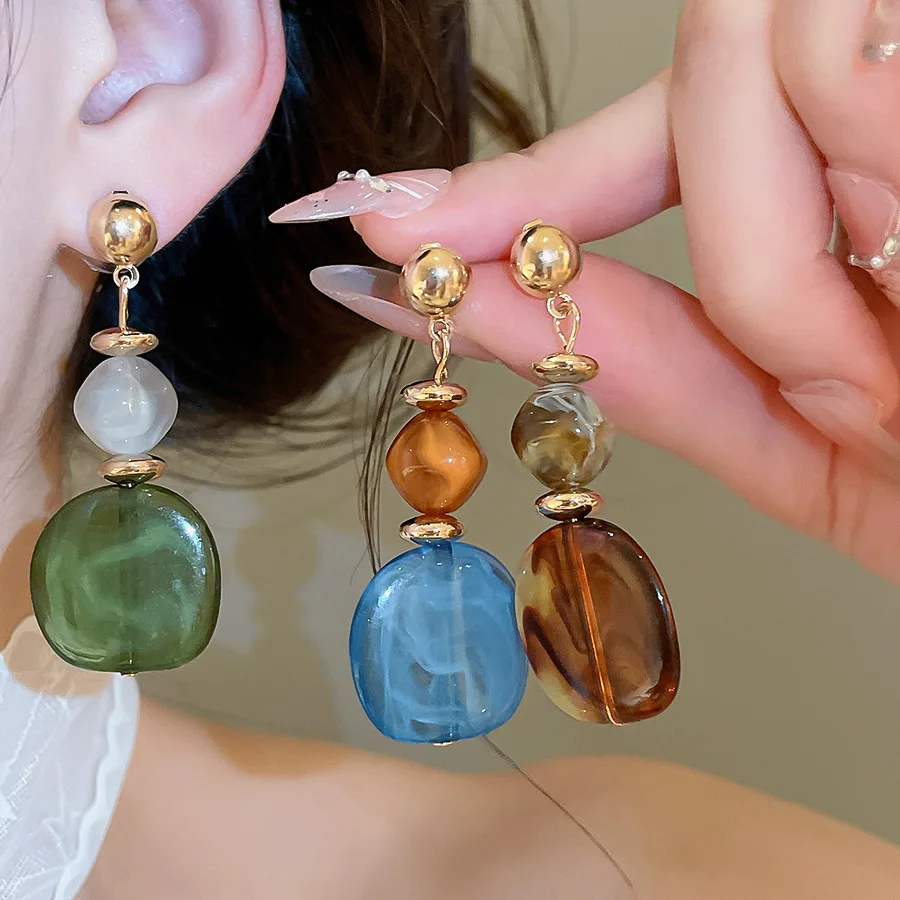 3 Colors Irregular Smudging Resin Drop Earrings Vintage Golden Round Spacer Pendant Earring Party Holiday Trendy Jewelry New K