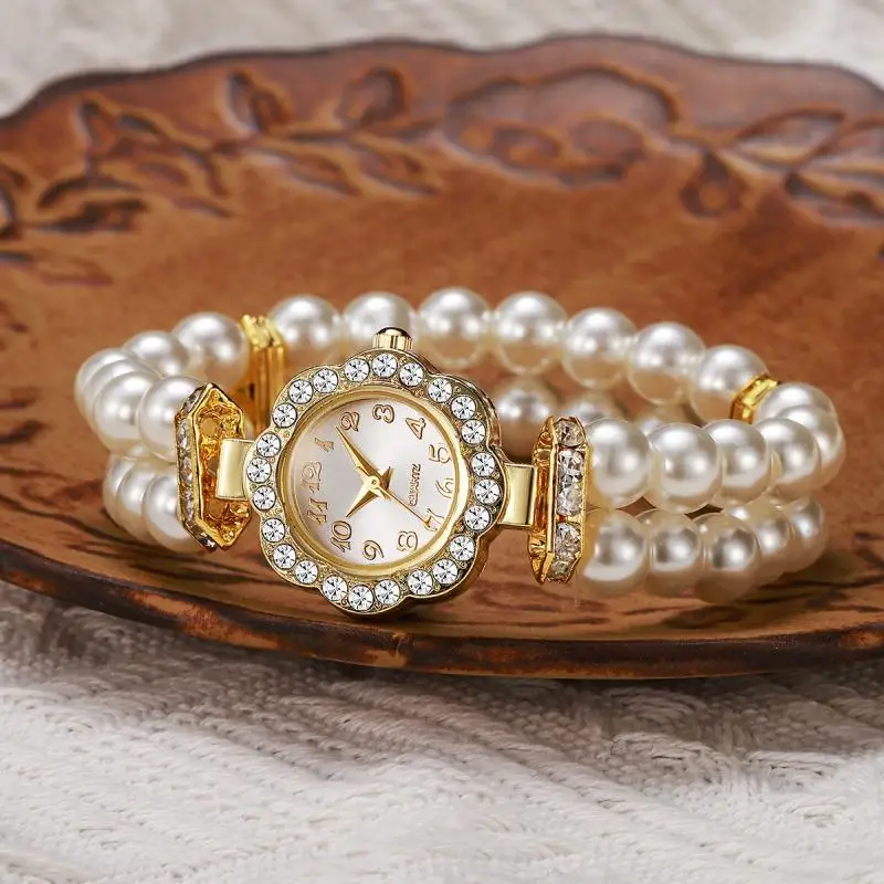 gn trade popular double row imitation pearl elastic elastic watch, light luxury flower inlaid diamond full digital women's watch