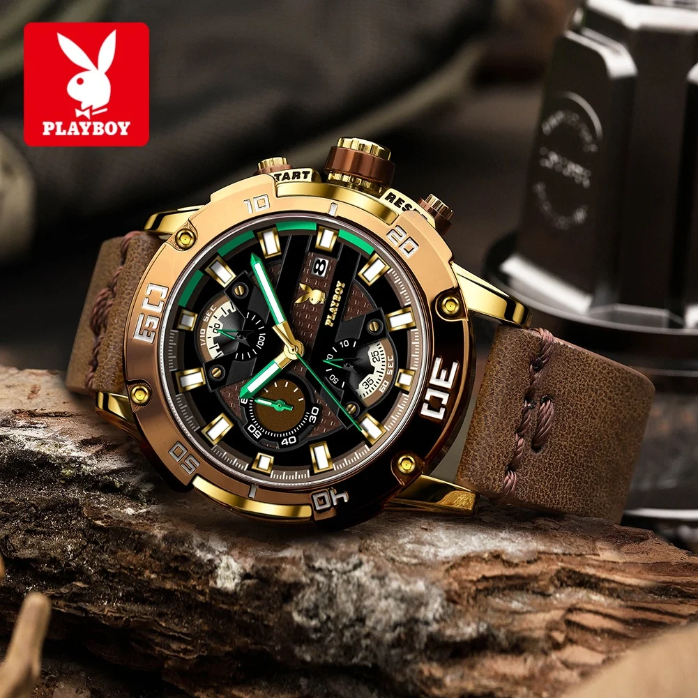 

PLAYBOY 3520 Brand Original Authentic Multifunctional Calendar Chronograph Leather Strap Luminous Quartz Men's Watch