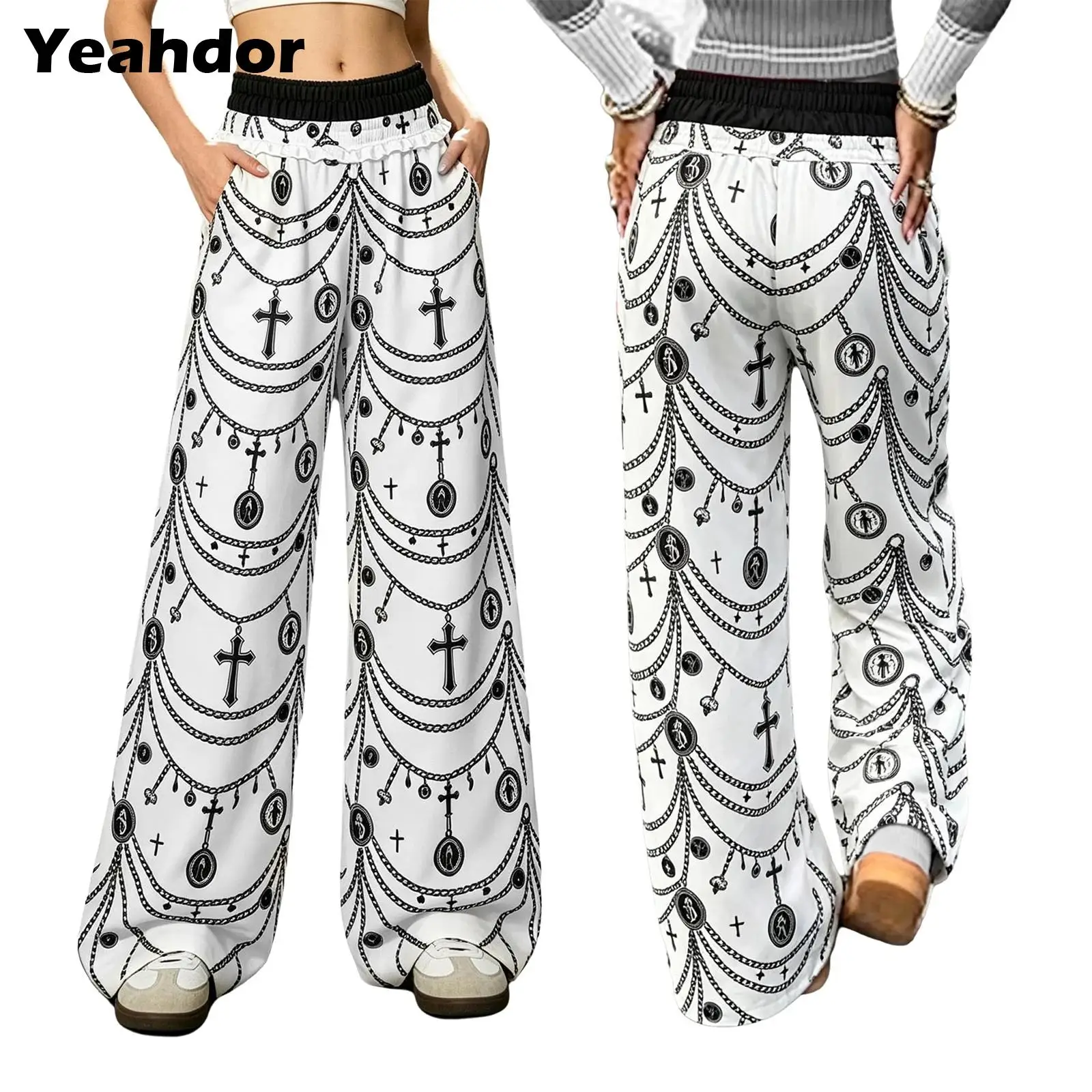 Adult Women Printed Pants Color Block Elastic Waist Trousers with Pockets Hip-hop Jazz Dance Sweatpants