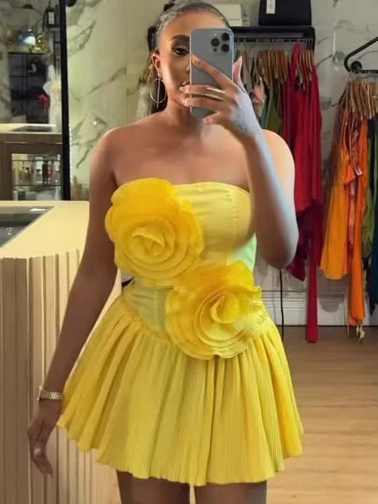 2025 nieuwe Mode Vrouwen Strapless 3D Bloem Mouwloze Bodycon Mini Jurk Zoete Sexy Verjaardag Avond Night Party Club Vestidos