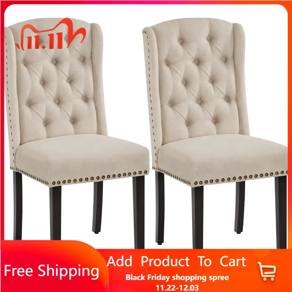 Dining Chairs Upholstered Fabric Chairs Tufted Kitchen Chairs with Solid Wood Legs, Nailhead Trims for Dining Room