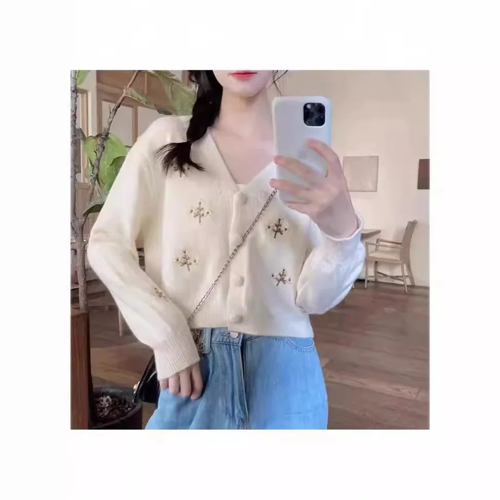 

Loose Long Sleeve V-Neck Knitted Sweater Women's Cardigan Embroidered Open Front Pure Color Student Jacket Autumn Winter New ...
