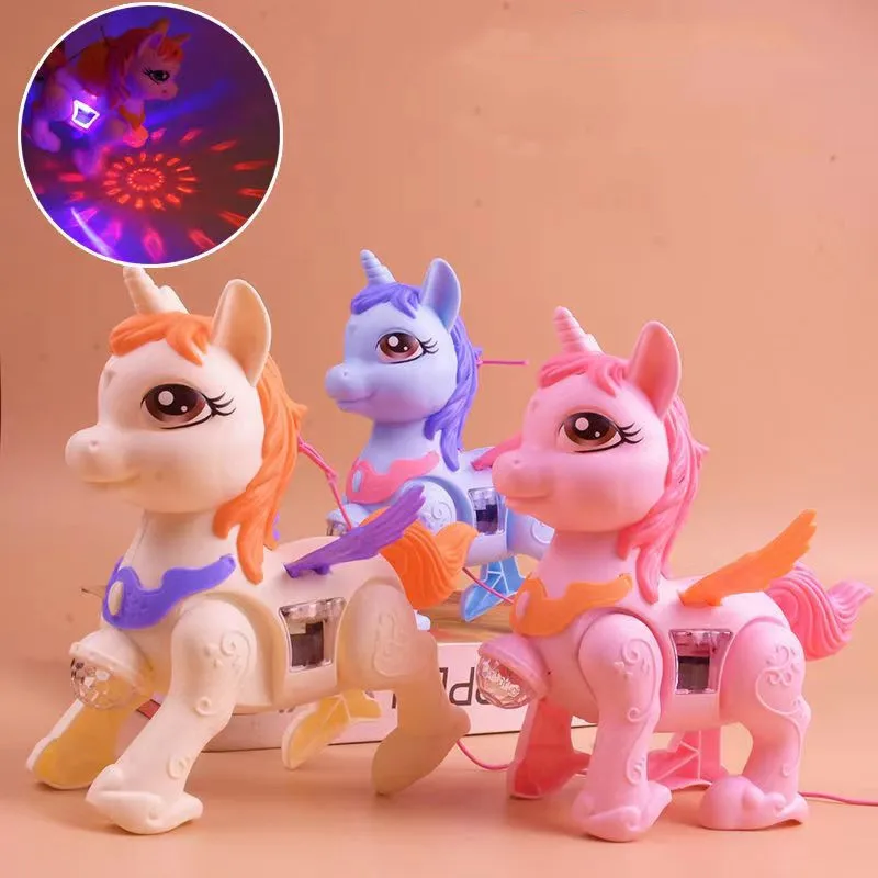 Juguetes eléctricos de dibujos animados para niños, lindos unicornios, juguetes para caminar con alambre, música iluminada, animales pequeños, regalos de cumpleaños para niños