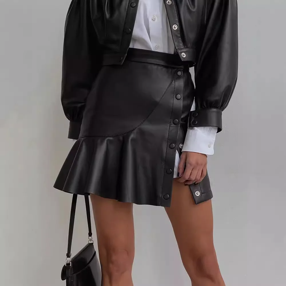 SKMY Women's 2026 Autumn Winter New Trendy Ruffles Patchwork Asymmetrical Leather Skirt Buttons Split Spicy Girls Mini Skirts