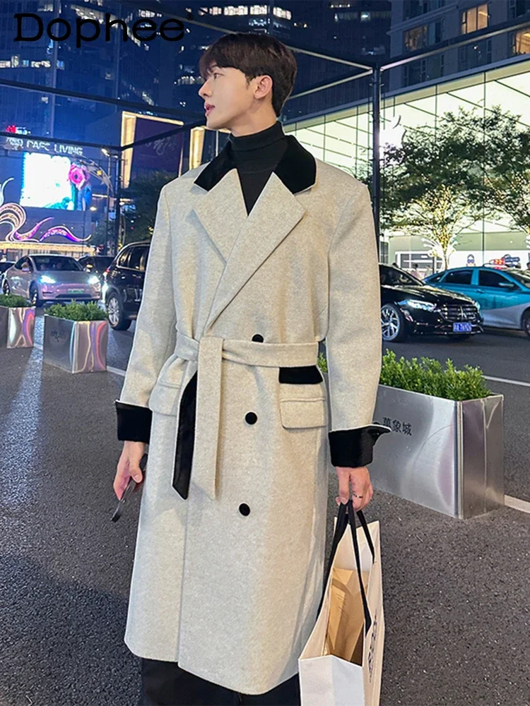 2024 Autumn Winter New Fashion Long Sleeve Contrast Color Woolen Coats Men's High-end Medium Long Suit Collar Trench Coat Blends