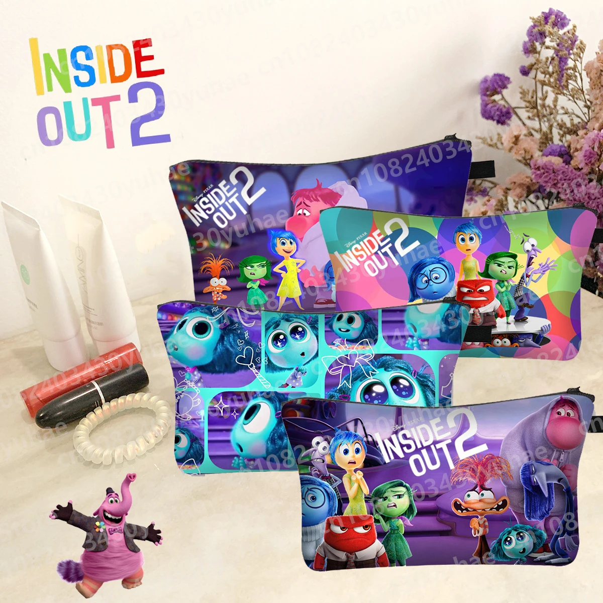 

New Disney Movie Inside Out 2 Peripheral Kawaii Makeup Bags Girls Cartoon Figure Large Capacity Portable Polyester Storage Bag