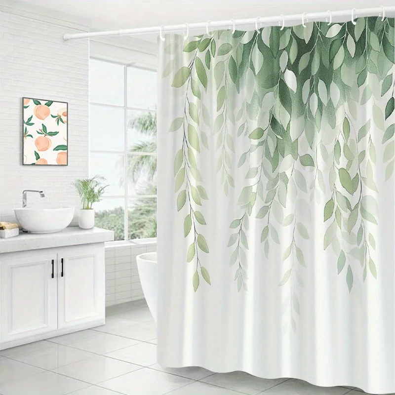 1pc Botanical Shower Curtain - Semi-Sheer Bathroom Window Curtain with Hooks, Light to Dark Green Leaf Gradient on Pale Cream Ba