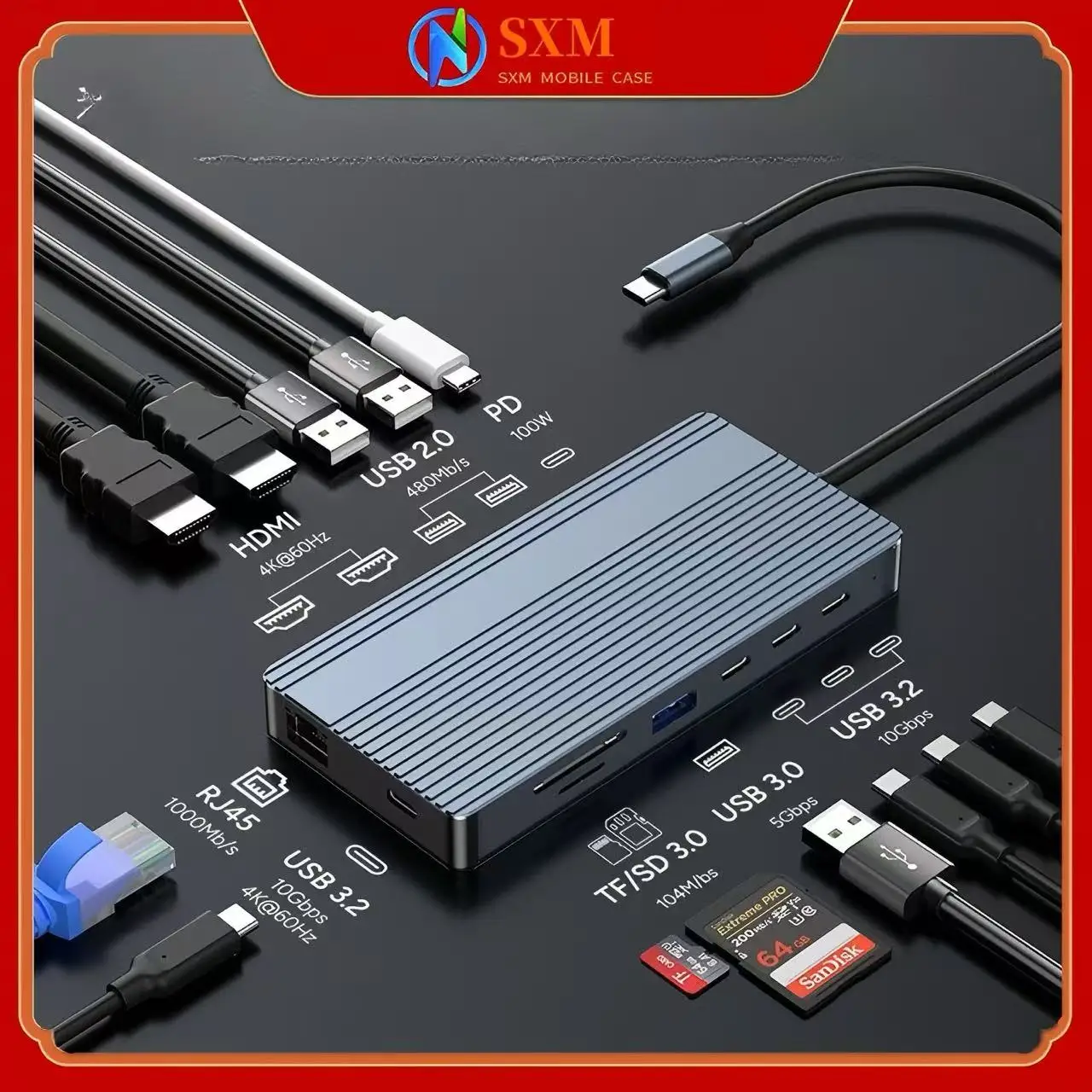 

Type-C full-featured 10Gbps docking station 4K@60HZ video PD100W fast charging USB-C3.2 docking station