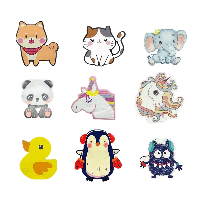 20Pcs/Bag Cartoon Die Cut Panda Unicorn Decoupage Paper Napkins Paper Serviettes for Children Birthday Party Tableware Decor New