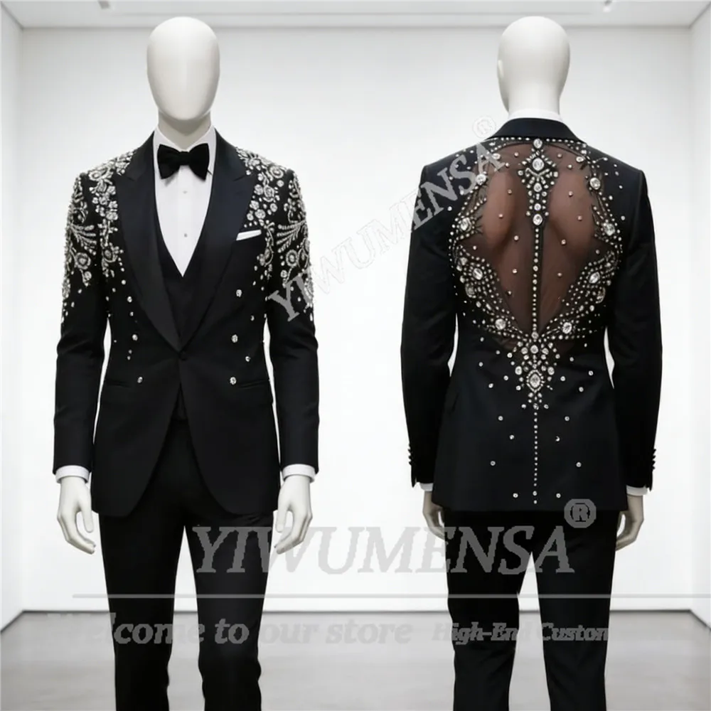 

Мужской костюм с блестками и стразами для свадьбы, однобортный, с иллюзорной спинкой, смокинг для выпускного вечера, индивидуальный пошив, 3 предмета, мужской наряд для вечеринки