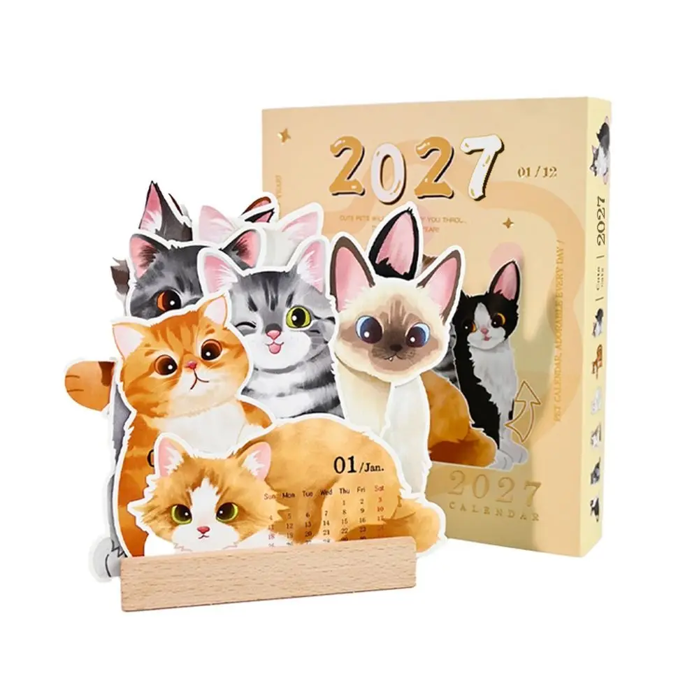 New Dog/Cat 2027 Desk Calendar Pop-Up Monthly Planning Dog Calendar with Wooden Base Cat Calendar Desktop Display