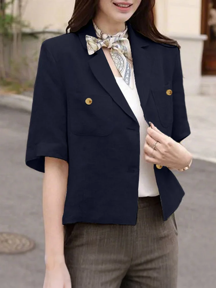 

ZANZEA элегантный офисный женский пиджак, женские модные костюмы с короткими рукавами, осень 2023, повседневные свободные блузки из 100% хлопка, однотонные верхние пальто