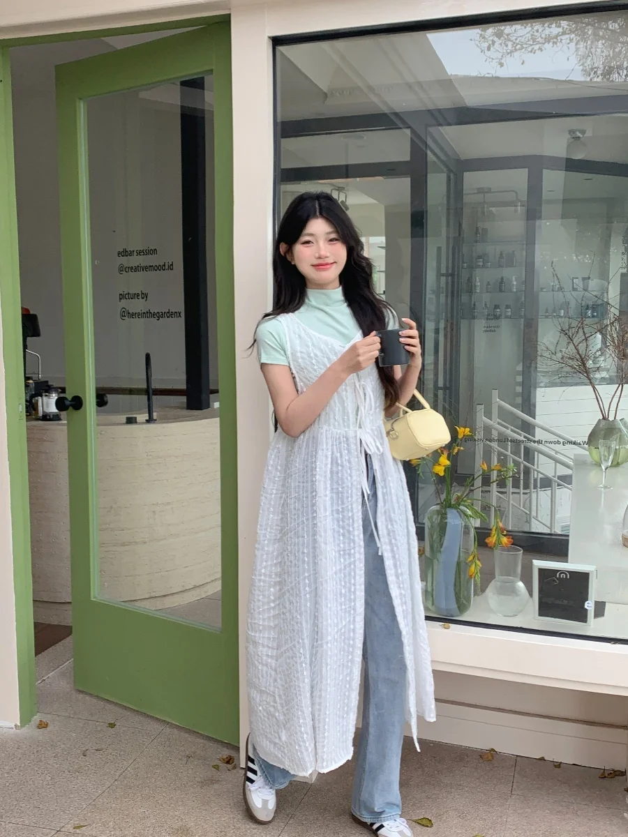 Vestido Colete de Renda F Primavera 2024 Novo Solto Midi Sem Mangas Saia em Linha A Moda Camadas Roupa Tecido de Polié...