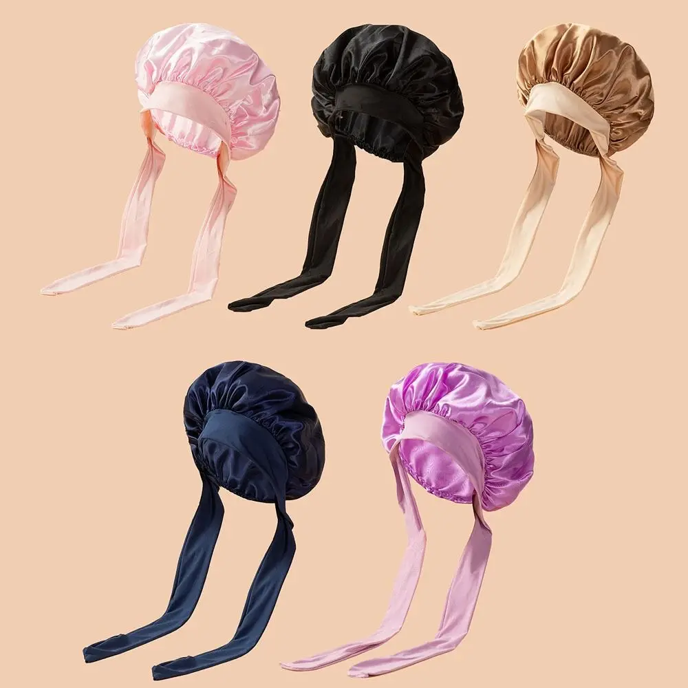 Satin Material Sleeping Bonnet Solid Color Adjustable Strap Night Sleep Cap Soft Wide Brim Design Hair Care Cap For Long Hair