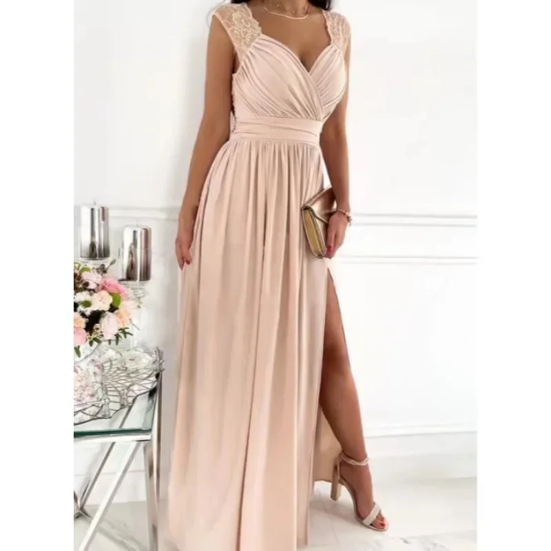 Women's Fashion V-neck Sleeveless Party Dress Solid Color Lace Backless Dress Tunic Split Casual Party Style Elegant Dress