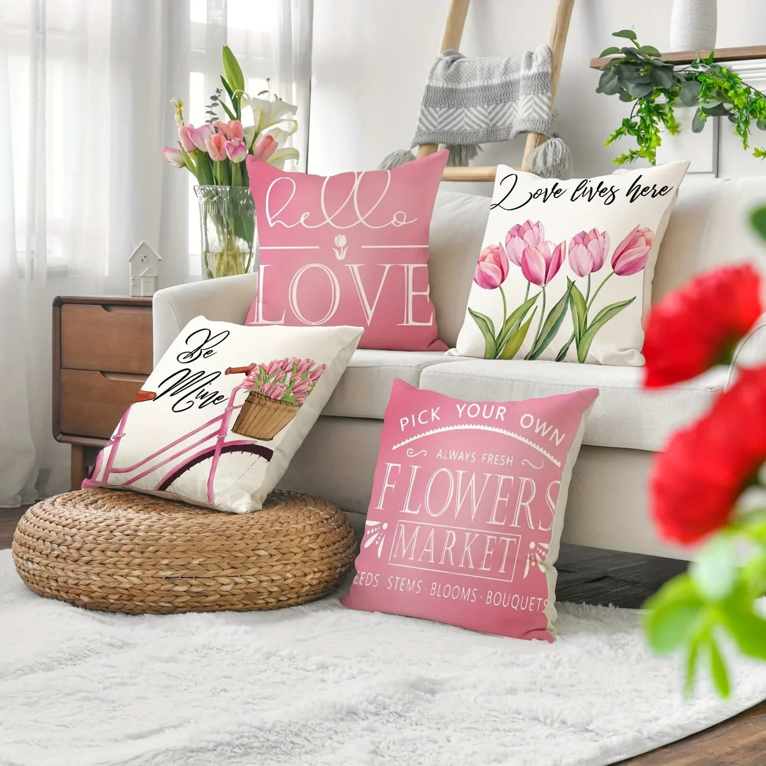 Valentine's Day decoration pillowcase gift bicycle flower love pattern printing cushion cover suitable for home room sofa