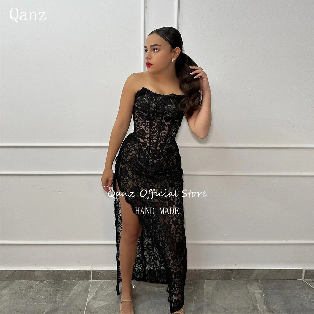 Qanz Sexy Full Lace Evening Dresses Black Mermaid High Leg Slit See Through Illusion Party Prom Dress Robes De Soirée Customized