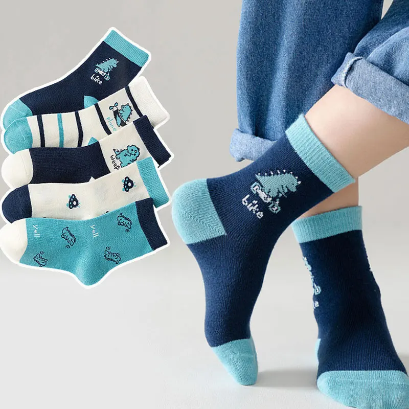 5Pairs Cartoon Dinosaur Kids Mid Tube Socks Boys Odor Resistant Sports Socks 0-14Year Children Cotton Sock Fashion Baby Footwear